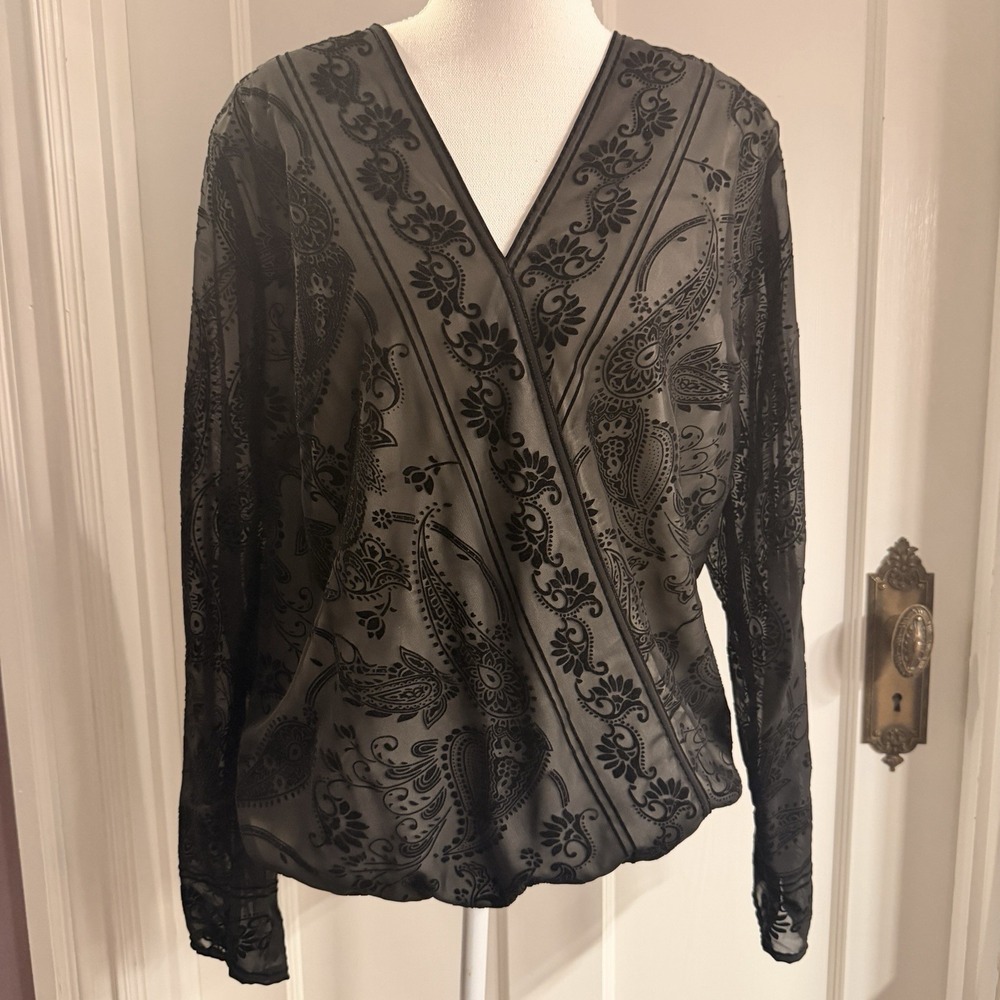 ADIVA Black Velvet Paisley Burnout Sheer Faux Wrap Blouse Womens Large